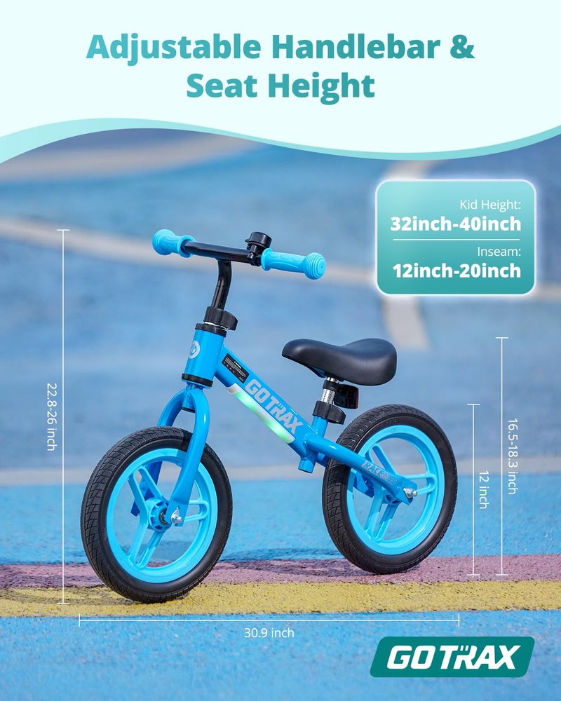 Gotrax KS12 Balance Bike for 2-5, 12" Toddlers Push Bike with LED Light, Adjustable Seat & Handlebar, Flat-Free Tires & Easy Assembly Kids Bicycle, Lightweight & No Pedal, Gift for Boys Girls, Blue