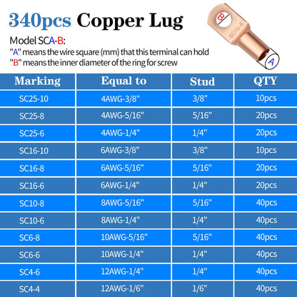 Battery Cable Wire Lug Crimping Tool Kit with 340pcs Copper Wire Lugs, Wire Crimping Tool for AWG 10-1/0 Electrical Lug Crimper, with Cable Cutter, 420pcs Dual Wall Adhesive Heat Shrink Tubing