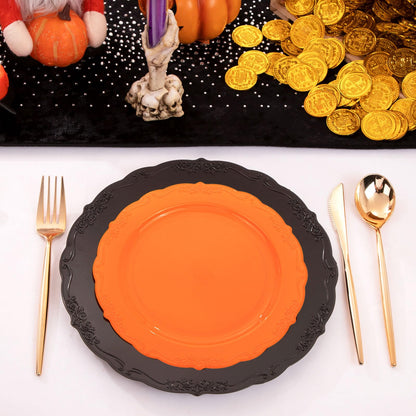 U-QE 60 Pieces Halloween Plastic Plates - Orange and Black Plates Disposable for Party - Halloween Party Supplies Including 30 Black Plastic Plate 10'' & 30 Orange Plate 7.5 ''
