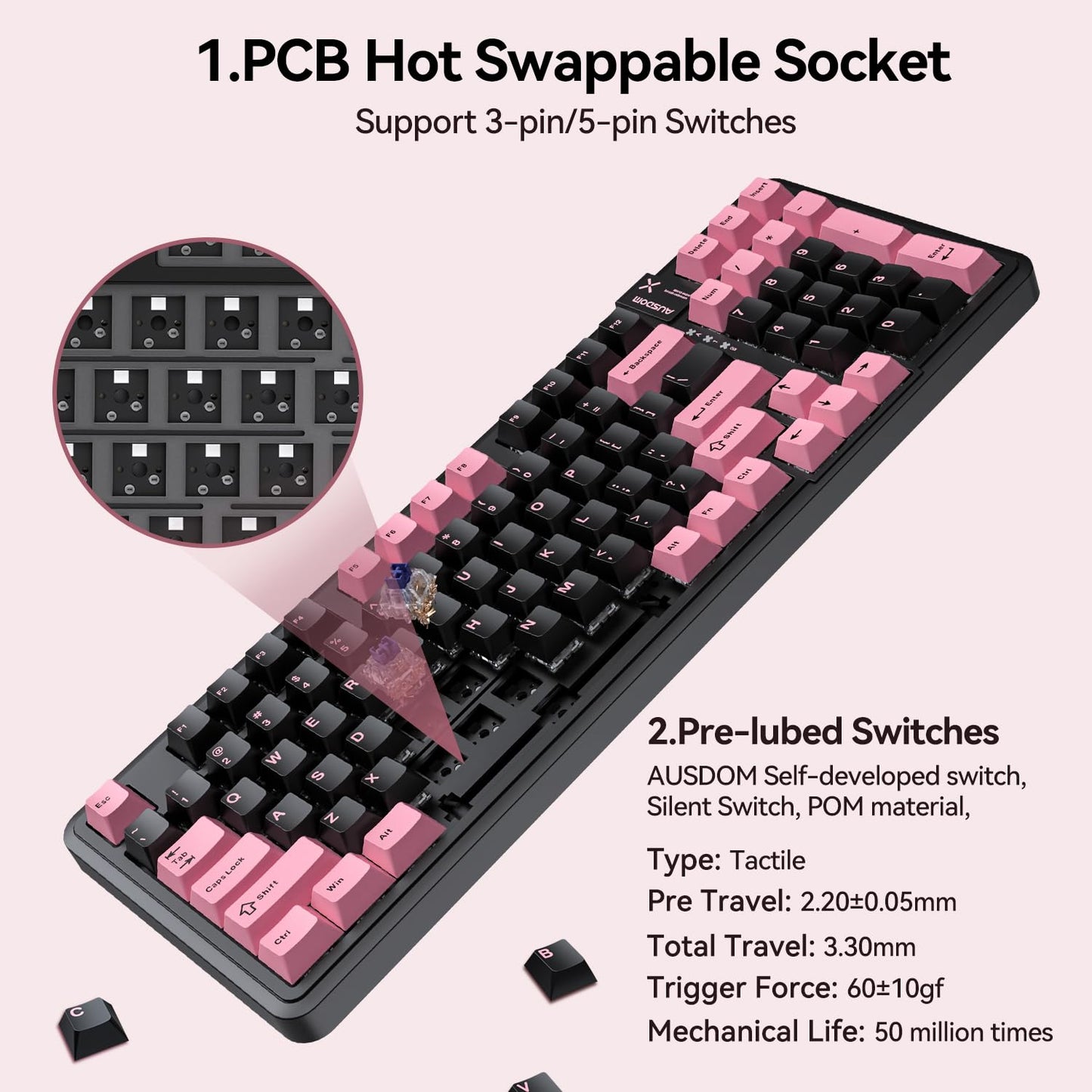 AUSDOM 98Pro Silent Mechanical Keyboard, Wireless Hot Swappable Gaming Keyboard with Backlit,Gasket Structure,Pre-lubed Tactile Switches,2.4GHz/Type-C/Bluetooth Custom Keyboards (Green & White-Silent)