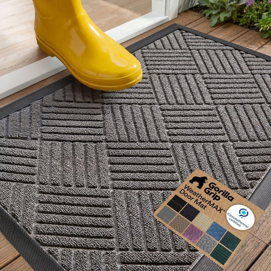 Gorilla Grip Waterproof All-Season Doormat - Natural Rubber, Stain & Fade Resistant | 29x17 Gray Diamond