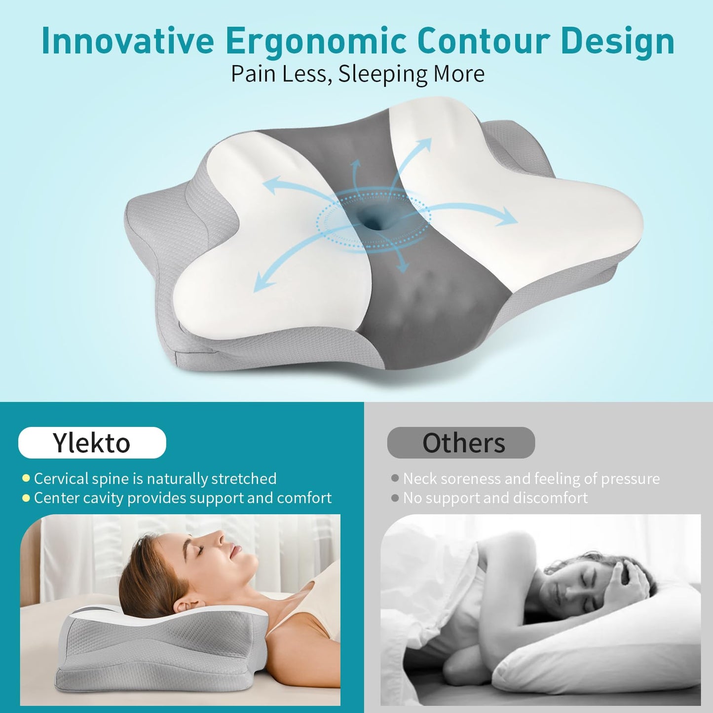 Cervical Pillow for Neck Pain Relief - Ergonomic Pillow for Sleeping Side Sleeper Pillow for Adults, Contour Neck Pillow Cooling Memory Foam Pillows, Orthopedic Bed Pillow for Back Stomach Sleepers