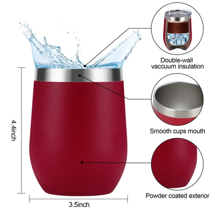 6 Pack Stainless Steel Wine Tumblers, 12Oz Insulated Wine Tumbler, Double Wall Insulated Wine Glass, Stainless Steel Stemless Wine Cups with Lids for Coffee, Wine, Cocktails, Champaign, Wine Red