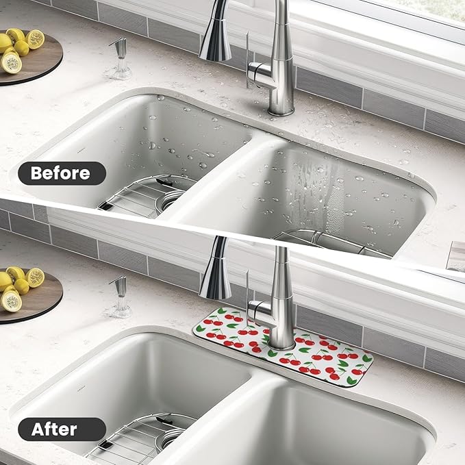 Fruit Cherry Red Cherries Leaves Leaf White Kitchen Sink Splash Guard Faucet