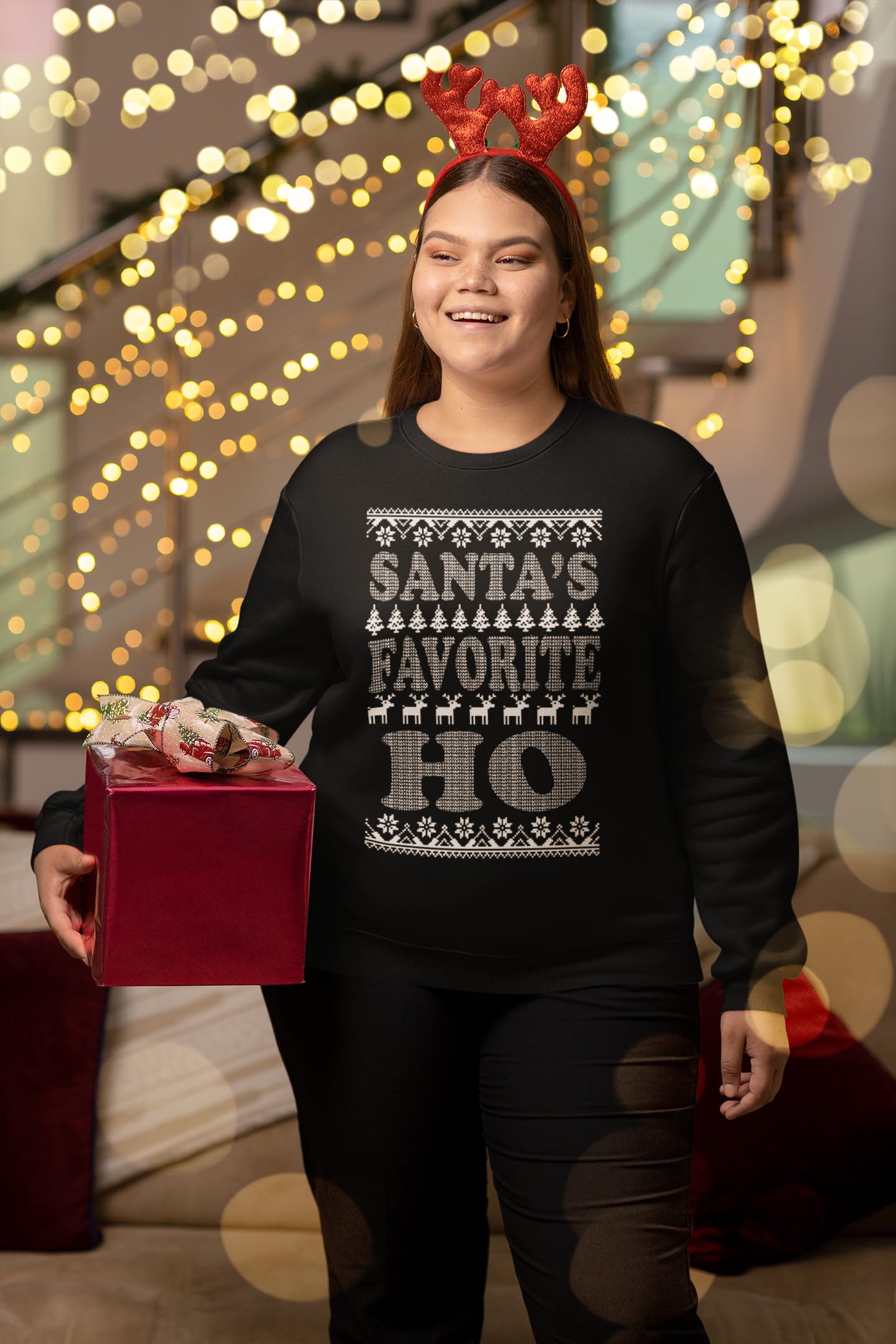 shop4ever Santa's Favorite Ho Crewnecks Ugly Christmas Sweatshirts Large Black 13771