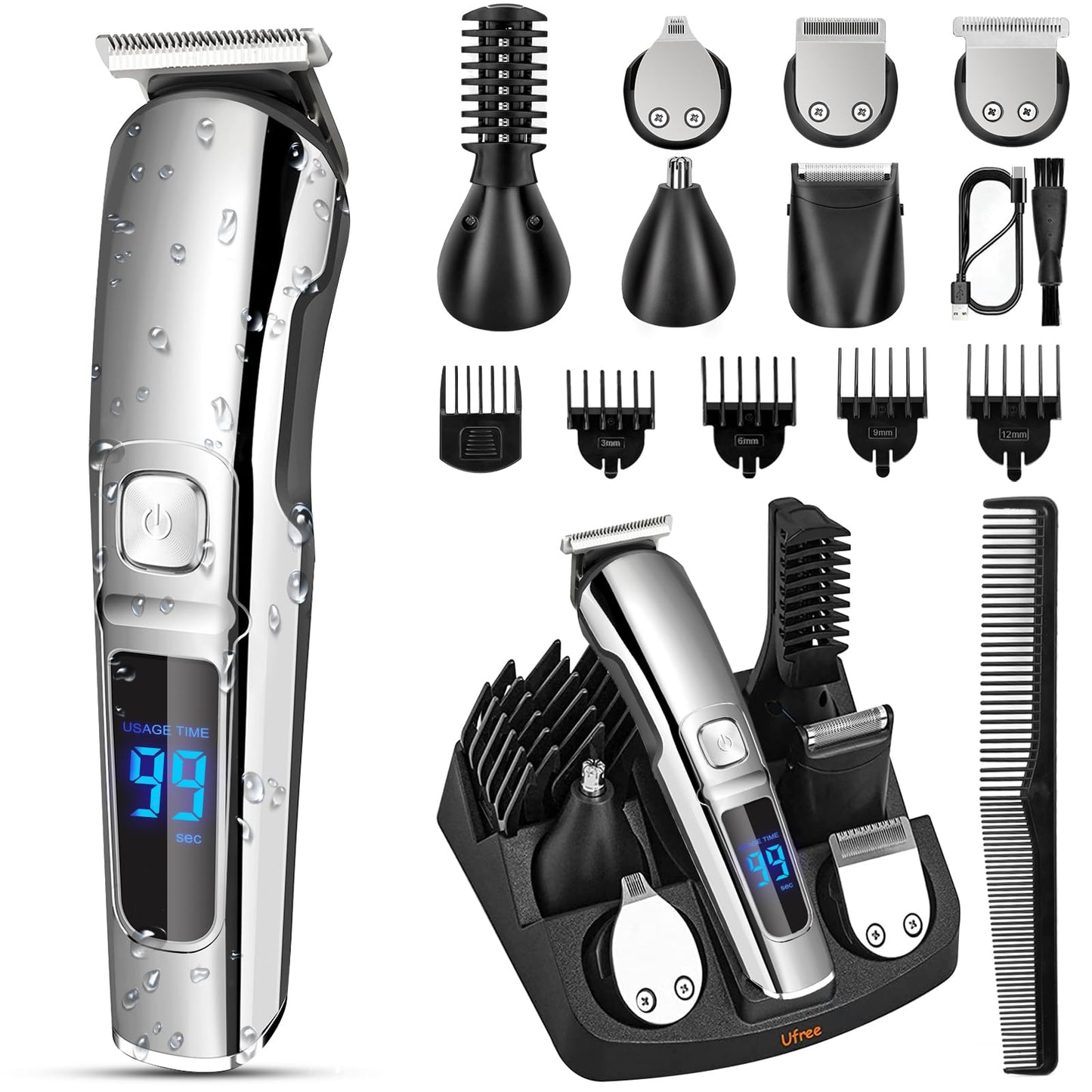 Ufree Beard Trimmer Men, Waterproof Electric Razor for Nose, Body, Face and Mustache, Cordless Hair Clippers Shavers for Men Grooming Kit, Gifts for Husband Father