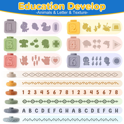 6-in-1 Baby Toys 6 to 12 Months, Montessori Toys for Babies 6-12-18 Months, Infant Teething Toy Stacking Blocks Rings Sensory Bin, Sorting Sensory Educational Learning Gift for Toddlers Aged 1-3