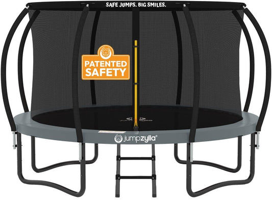 JUMPZYLLA Trampoline Outdoor 8FT 10FT 12FT 14FT 15FT 16FT with Enclosure, Non-Slip Ladder & Anti-Rust Coated Frame, ASTM Approved Recreational Backyard Large Trampoline with Net for Kids & Adults