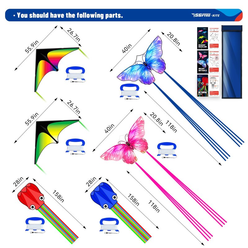 SGftre 3 Piece Set Butterfly Delta Octopus Kites for Kids and Adults，Easy to Fly for Outdoor Adults Children Line Kite for Kids Toy (Delta 2+Octopus 2+Butterfly 2, 6)