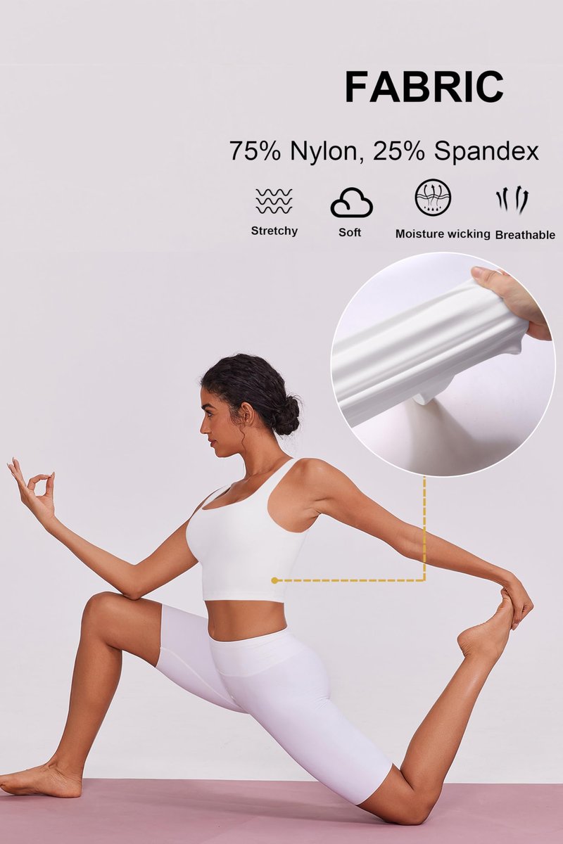 PINSPARK White Sports Bras for Women Wirefree Padded Tank Tops Square Neck Sport Bra Longline Yoga Tops Workout Crop Tank Built in Bra Light Support Medium,White