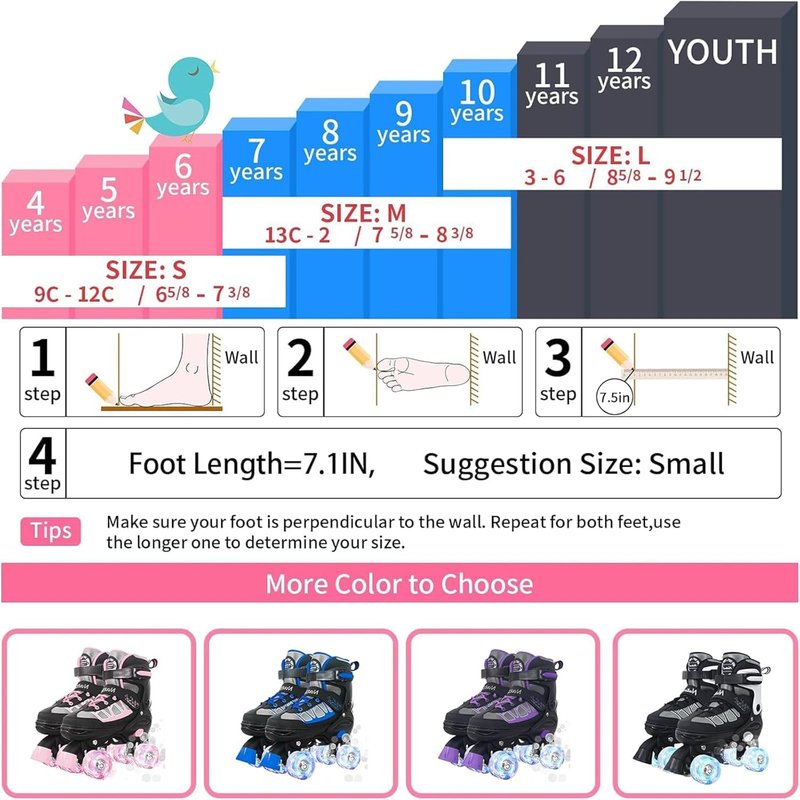 MammyGol Roller Skates for Kids - Adjustable Quad Skates with Light-Up Wheels | Ages 6-12, Perfect for Beginners