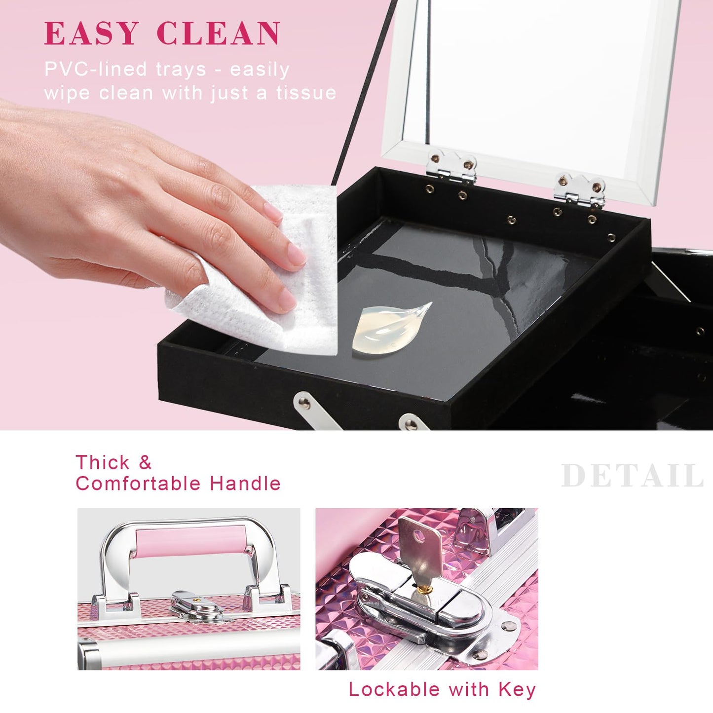 Joligrace Makeup Box Vanity Case Cosmetic Organiser Box Beauty Storage Train Case with Mirror, Lockable with Keys, Holographic Pink