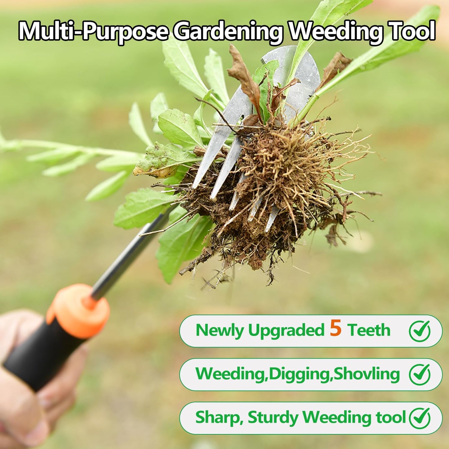 GANCHUN Weed Puller Tool,Newly Upgraded Garden Weeder Stainless Steel Hand Weeder Tool,Multi-Purpose 5 Teeth Weed Remover Tool Weeding Tools for Gardening (Rubber Handle)