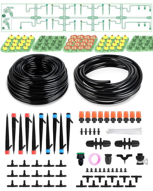 Drip Irrigation System for Watering Garden: 65FT Hydroponic Misting Device Kit with Tubing Hose for Potted Plants Outdoor Indoor Greenhouse Patio Raised Growing Flower Bed Lawn Tree