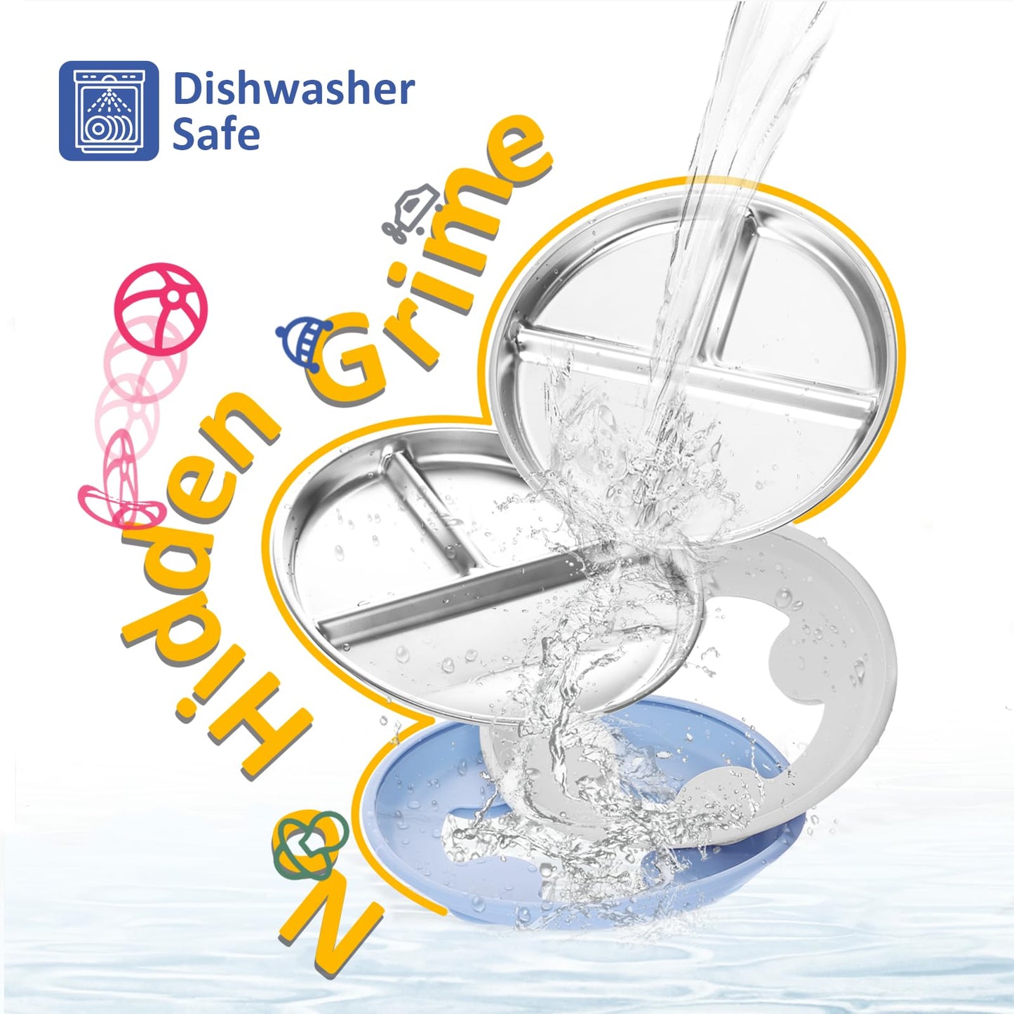 Bakpoco Stainless Steel Toddler Plate with Suction, 9” Divided Plates with Removable Silicone Sleeves for Kids, Non Toxic & BPA Free | Non Slip | Unbreakable Baby Snack Dishes Set of 2, Blue & Gray