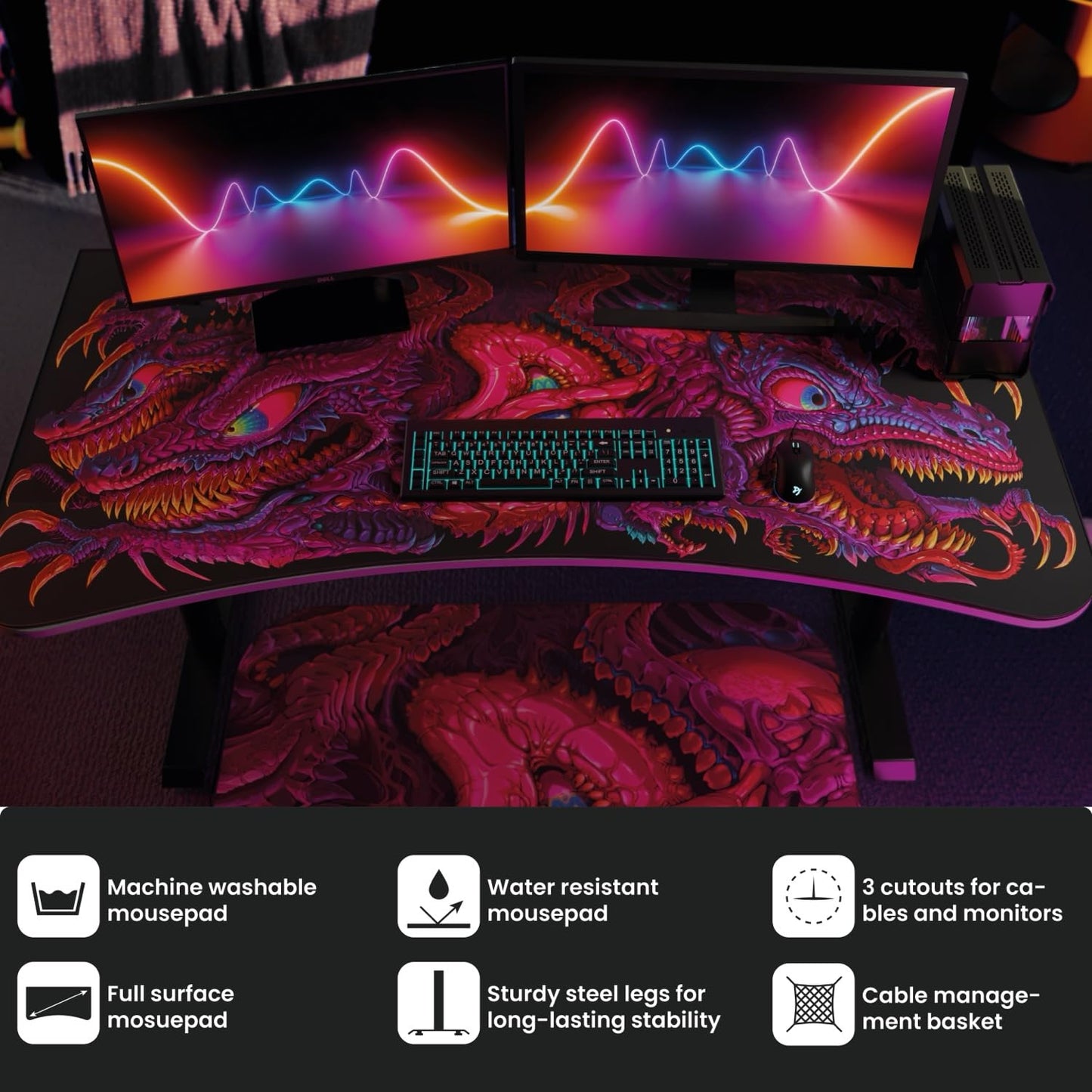 Arozzi Arena Special Edition Ultrawide Curved Gaming and Office Desk with Full Surface Water Resistant Desk Mat Custom Monitor Mount Cable Management Cut Outs - Crawling Chaos