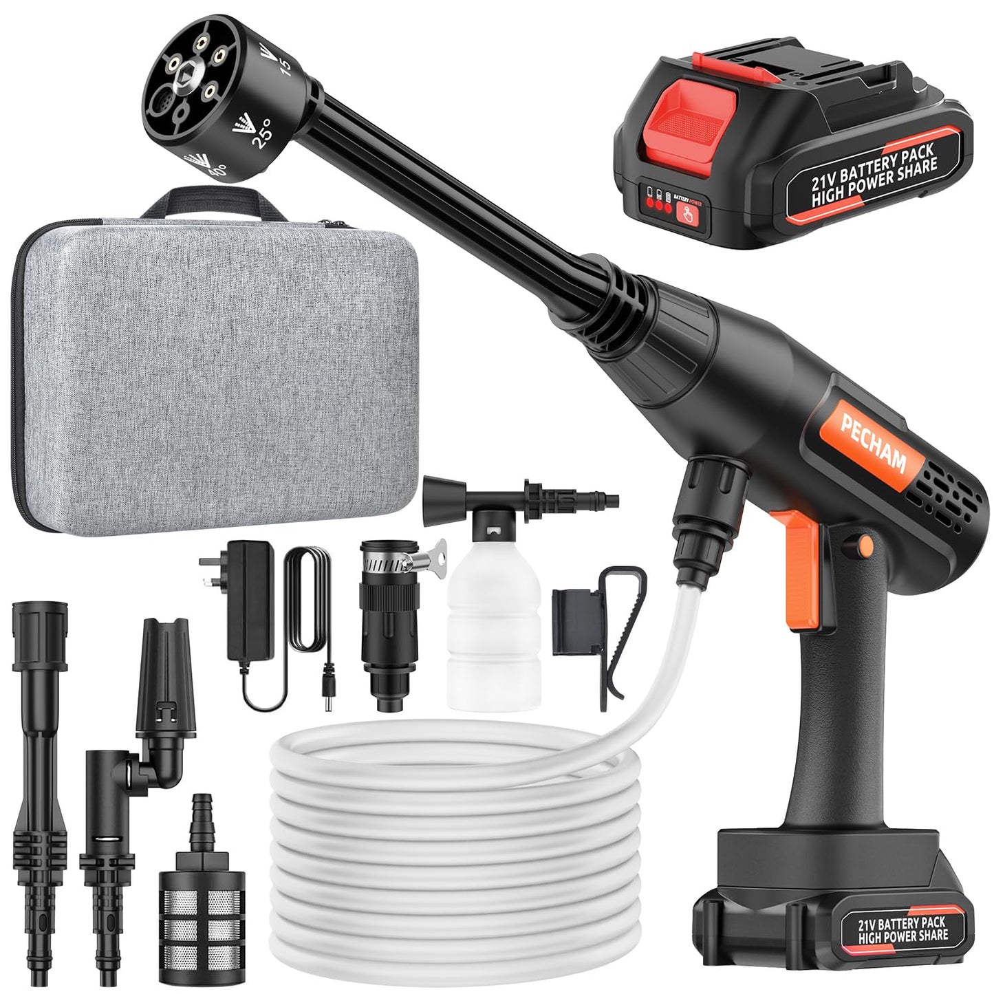 PECHAM Cordless Pressure Washer, 6 in 1 Portable Power Washer, 4.0Ah Battery Pressure Washer, 3 Adjustable Modes with 5M Antifreeze Hose for Washing Cars/Floor/Garden Cleaning & Watering