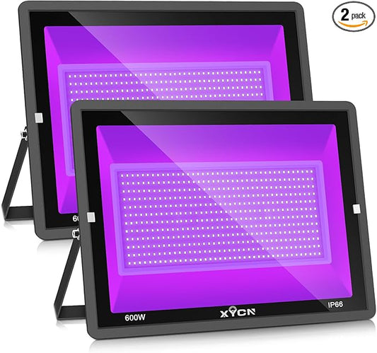 2 Pack 600W LED Black Lights, 395nm to 410nm Outdoor Flood Blacklight Light with Plug, IP66 Waterproof forGlow in The Dark, Dance Party, Stage Lighting, Body Paint, Fluorescent Poster, Neon Glow