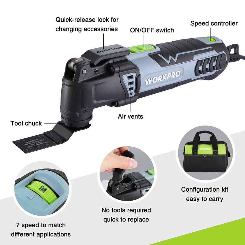 WORKPRO Oscillating Multi-Tool Kit for Christmas, 3.0 Amp Corded Quick-Lock Replaceable Oscillating Saw with 7 Variable Speed, 3° Oscillation Angle, 17pcs Saw Accessories, and Carrying Bag