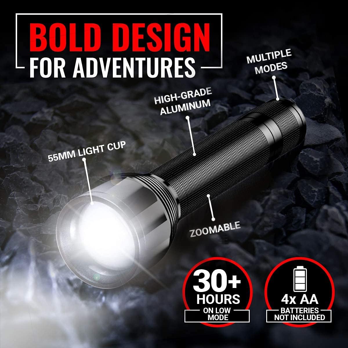REHKITTZ Torch Led Super Bright 3000 Lumens Long Working Time Camping Adjustable Focus Flashlight with 5 Light Modes