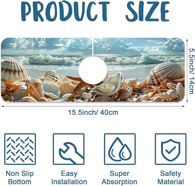 Beach Kitchen Sink Splash Guard Faucet Mat Shells Starfish Waves Super
