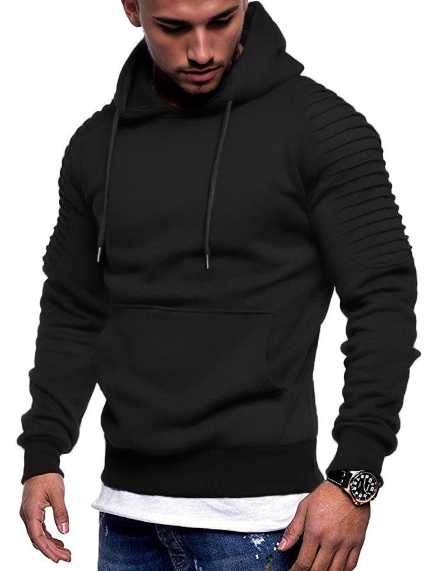 COOFANDY Mens Black Hoodie Long Sleeve Drawstring Casual Sweatshirt Workout Gym Hooded Pullover Black L