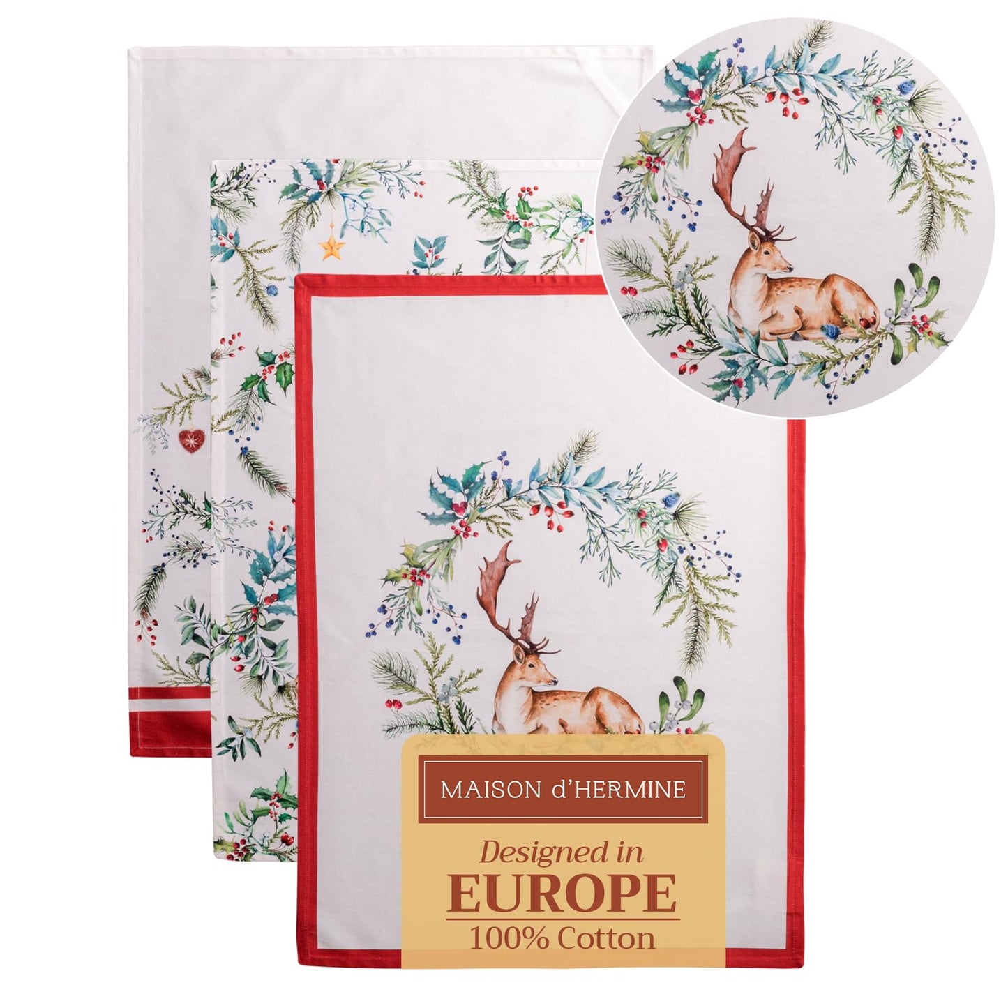 Maison d' Hermine Kitchen Towels Set of 3 100% Cotton 20" x 27.5" Reusable Cloth Tea Dish Towels Absorbent with Hanging Loop for Kitchen Dining Thanksgiving Christmas Decorations (Holly Time)