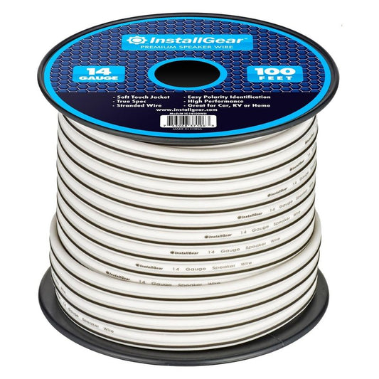 InstallGear Speaker Cable - 14 Gauge AWG (100ft - White) - White Speakers Wire Cable - Speaker Wire for Outdoor, Automotive, and Marine