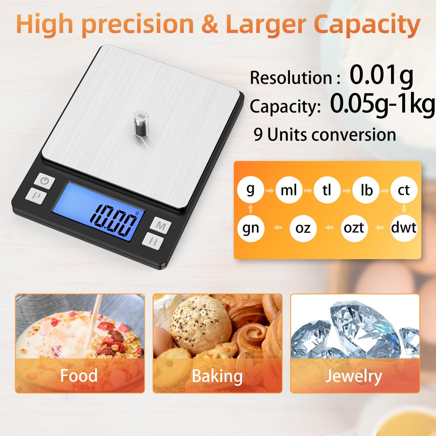 BOMATA 0.01g/1kg Upgraded Small Digital Scale, USB Rechargeable, with Larger Display and Hold,Tare Function, 9 Units, High Precision Digital Scale Grams and oz for Small Item, Kitchen…