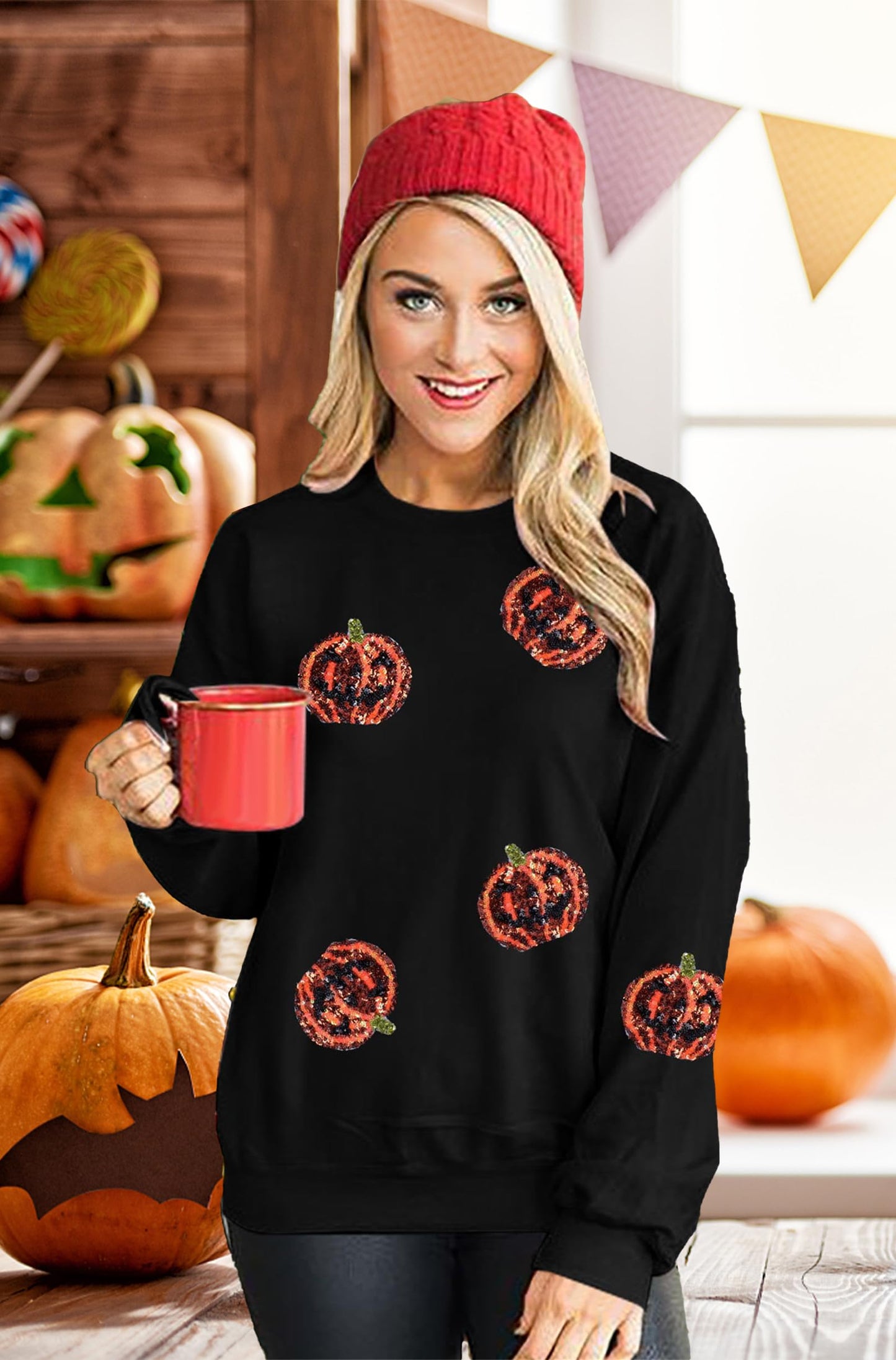 VILOVE Halloween Pumpkin Sequin Sweatshirt Women: Pumpkin Face Long Sleeve Tops Fall Pumpkin Hoodie Halloween Party Pullover Black