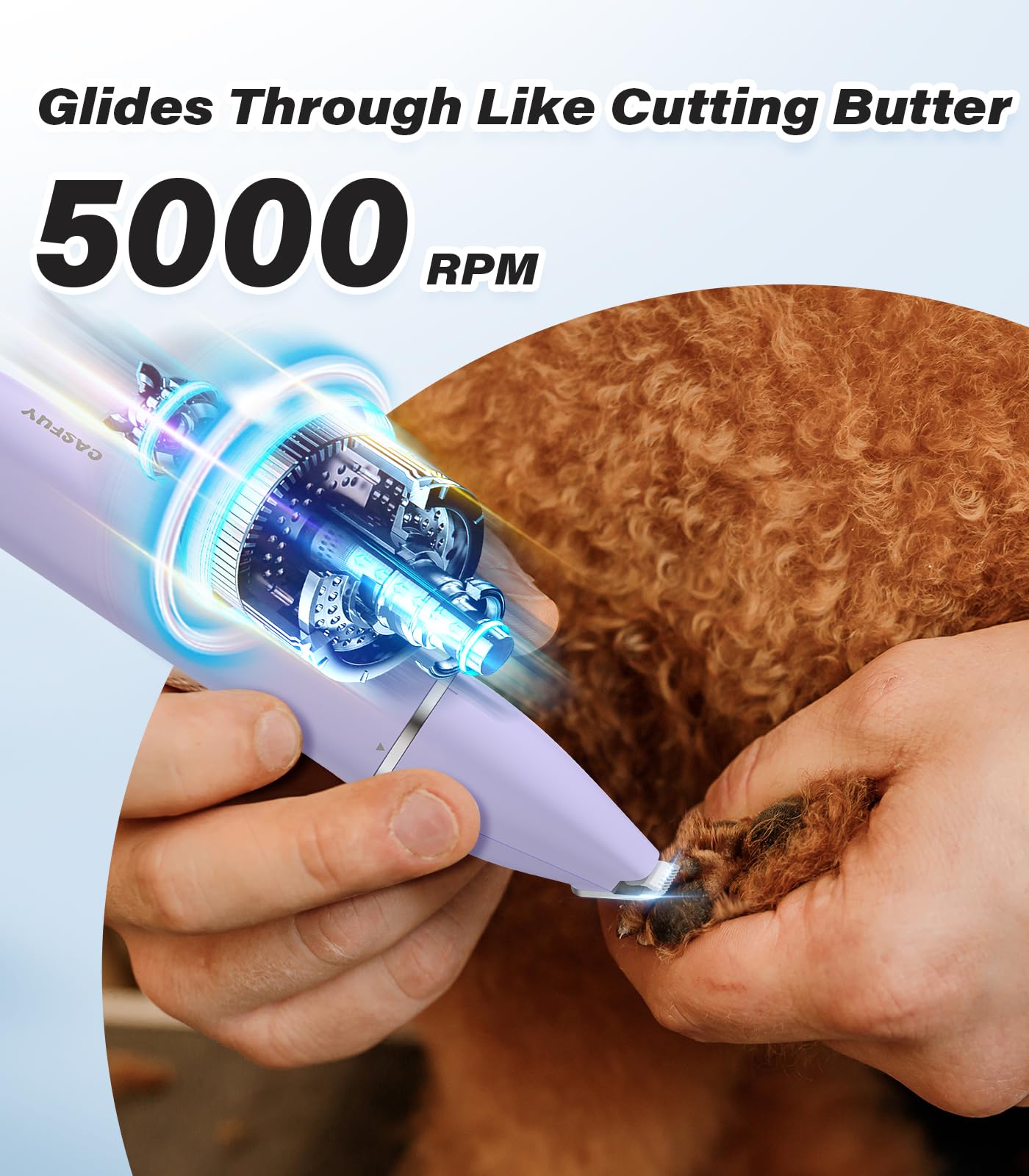 Casfuy Cordless Dog Paw Trimmer - Low Noise Dog Clippers with Double Blades USB Rechargeable Grooming Clipper for Dogs Cats and Small Pets for Trimming Hair Around Paws, Eyes, Ears, Face, Rump