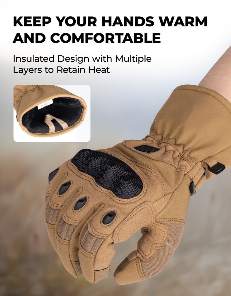 KEMIMOTO Winter Warm Motorcycle Gloves, Tactical Gloves for Men with Touchscreen Hard Shell & Palm Padding for Motorcycle Riding Tactical Airsoft Paintball Hiking Camping Climbing Brown L