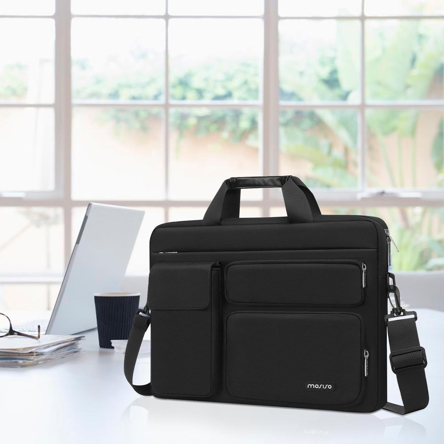 MOSISO Laptop Bag 16 inch, 15-15.6 inch Computer Shoulder Bag Compatible with MacBook Air 15 M4 M3 M2/Pro 16 M4 M3 M2 M1, Notebook &2 Raised&1 Flapover&1 Horizontal Pocket&Handle&Belt, Black