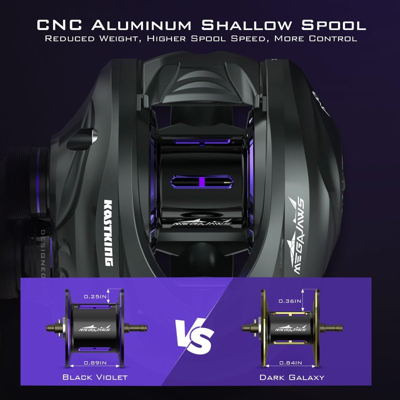 KastKing MegaJaws Elite Baitcasting Reels, 7.2:1 Gear Ratio, Right Handed, Black Violet, Shallow Spool, No Flipping Switch