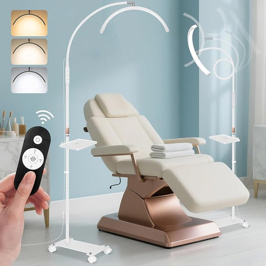 KIRKAS Lash Light Half Moon Lamp with Tool Tray, Flexible Gooseneck Lash Nail Tech for Esthetician Eyelash Extension, Tattoo, 18 Inch LED Floor Lamp with Roller Base Adjustable Brightness Color-White