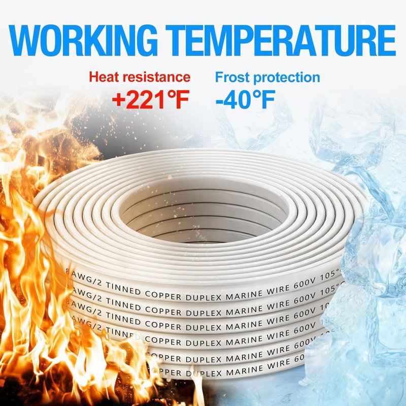NAOEVO 8 Gauge Marine Wire Duplex, 8 AWG Stranded PVC Marine Electrical Wire, Waterproof/Corrosion Resistant/Tinned Copper Electrical Cable for Boat/Automotive/RV/Solar (30FT)