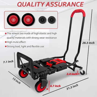 Folding Hand Truck, Portable Dolly Cart with Rubber Wheels and Retractable Handle, 2 in 1 Design 264lbs Capacity Hand Cart Foldable for Transportation/Luggage/Mobile/Travel/Office Use