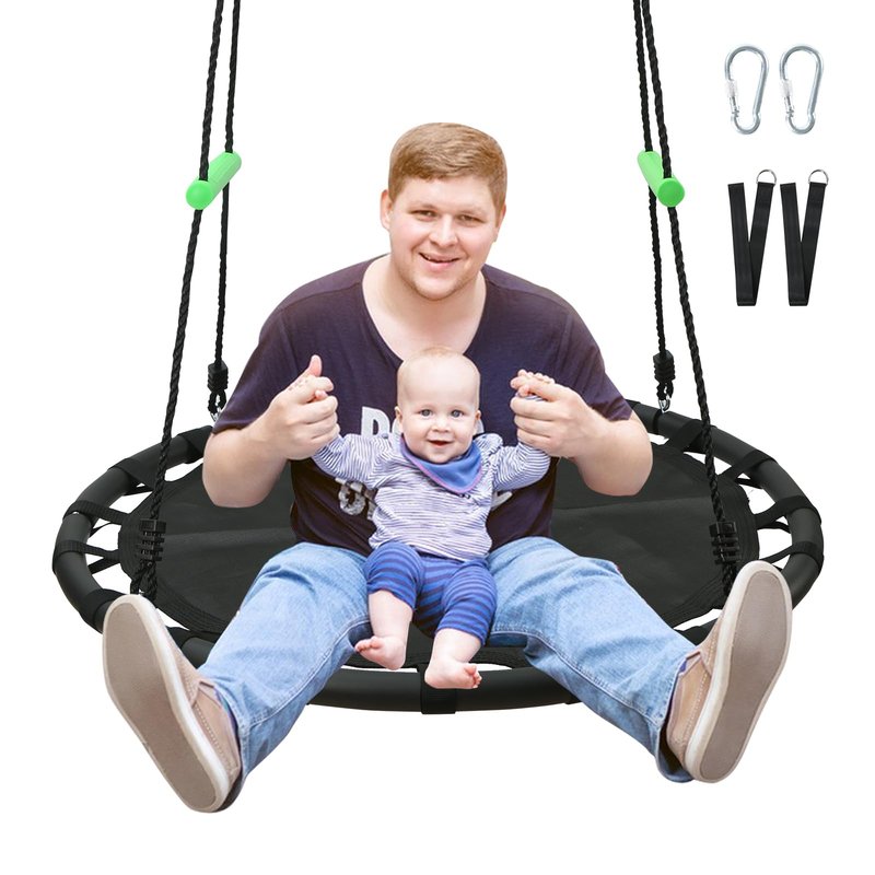 YSEJOMP Black Round Saucer Swing with Handles -Made of Sturdy Frame,PP Mat,Adjustable Multi-Strand Ropes,Safe and Durable for Yard Garden Playground Park (Black+Extra Straps, 40 inches)