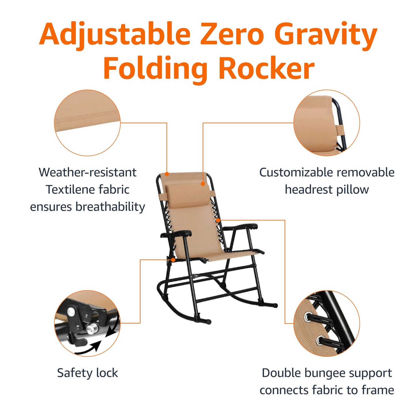 Amazon Basics Outdoor Patio Folding Reclining Lounge Rocking Chair with Pillow, Affordable Folding Chairs for Outside, Beige, 33.6 x 37.4 x 26 inch