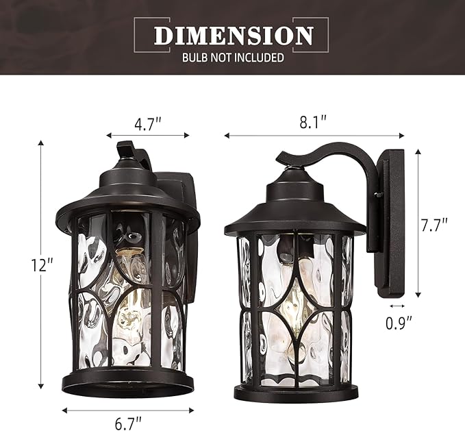 zeyu 12 Inch Outdoor Wall Lights, 2 Pack Exterior Front Porch Light, Die-Cast Aluminum, Oil Rubbed Bronze Finish with Water Ripple Glass Glass, ZX48BWG-2PK ORB