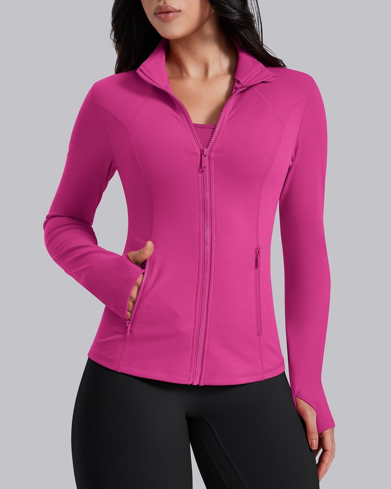 AVGO Womens Workout Jackets Lightweight Athletic Zip Up Jacket Slim Fit Running Gym Top with Pockets & Thumb Holes(Hot Pink, XS)