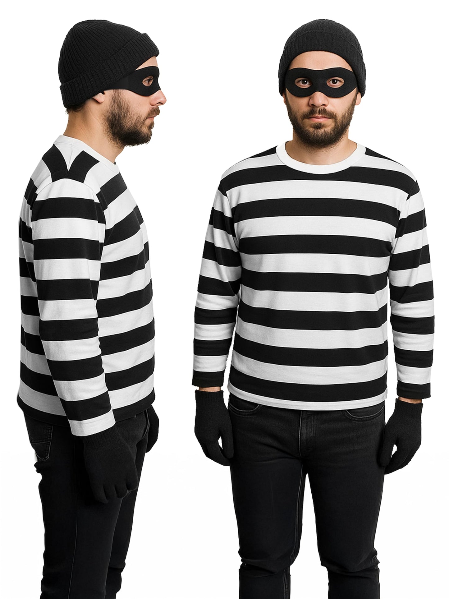QZYL Robber Costume Set, M Unisex Thief Cosplay T Shirt Beanie Cap Gloves Eye Masks Money Bags for Halloween