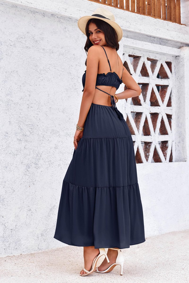 Fisoew Women's Spaghetti Strap Maxi Dress Summer Sleeveless Side Cut Out Dress Casual Boho Backless Flowy Long Dresses Navy Blue