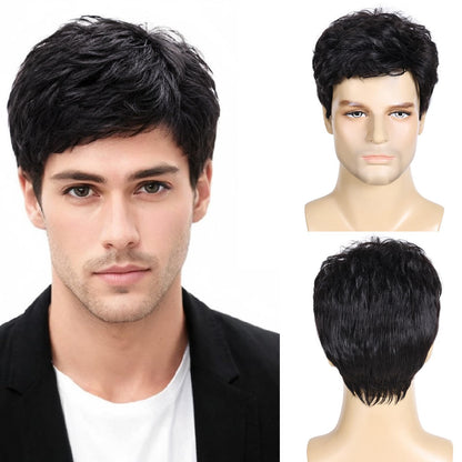 DDHAIR Mens Wigs Short Black Wigs for Men Natural Curly Layered Synthetic Full Hair Replacement Wig for Male Daily Wear Party Cosplay Halloween Costume（6inch，Black）