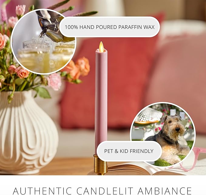 Luminara Flameless Candle Taper (1" x 9.5") Melted Top Real Wax Unscented Remote Ready Timer (Blooming Mauve)