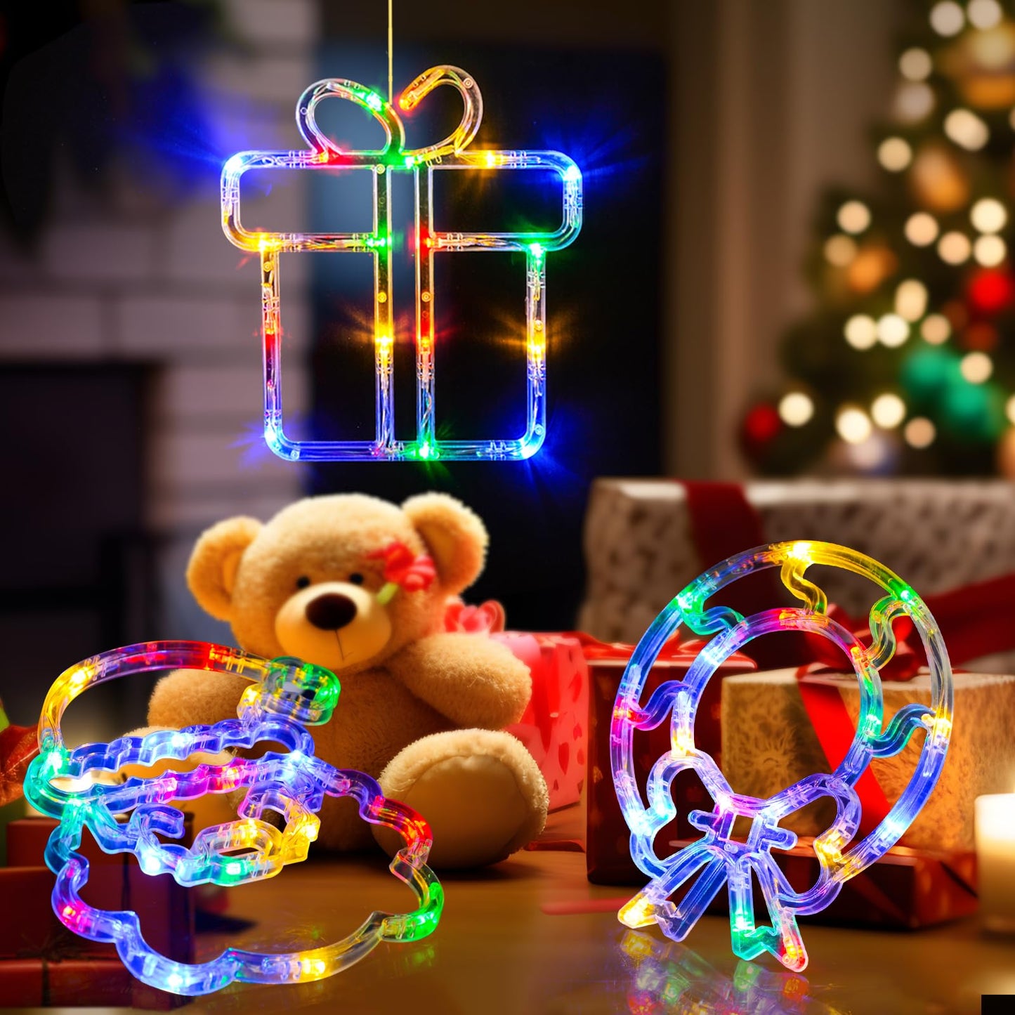 LOLStar Christmas Window Decorations 3 Pack Wreath Gift Box Santa Claus Christmas Window Lights with Suction Cups, Battery Operated Xmas Lights Decors, 2024 Upgrade Slow Fade Mode and Timer Function