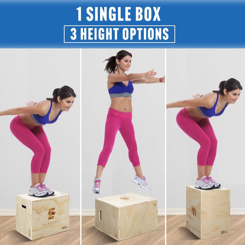 Elevens 3 in 1 Wooden Plyo Box Jump Box Plyometric Box for Jumping Trainer, Skipping, Jumping, Lunges, Box Jumps, Squats, Step-Ups, Dips (20"x14"x16")
