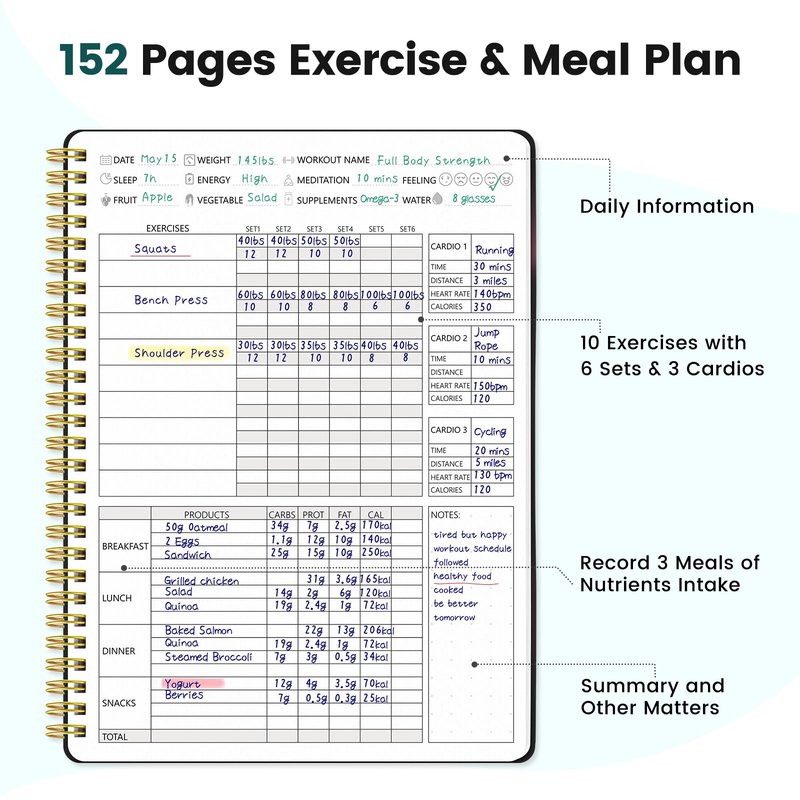 Fitness Journal for Women & Men, Food & Workout Journal Planner Log Book with Measuring Tape, Undated Wellness Planner to Track Weight Loss, Muscle Gain, Home Gym Exercise, Daily Nutrition, 9.5" x 7"