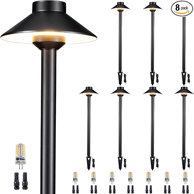 Gardenreet Brass Low Voltage Path Lights - 12V LED Landscaping Pathway Lamp IP65 Waterproof, Wired Walkway Lighting Outdoor, Black for Lawn Backyard with 3W 4000K Neutral White G4 Bulb (8 Pack)