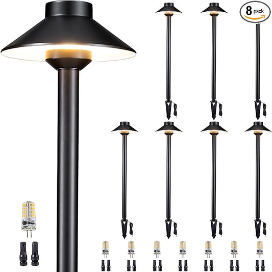 Gardenreet Brass Low Voltage Path Lights - 12V LED Landscaping Pathway Lamp IP65 Waterproof, Wired Walkway Lighting Outdoor, Black for Lawn Backyard with 3W 4000K Neutral White G4 Bulb (8 Pack)